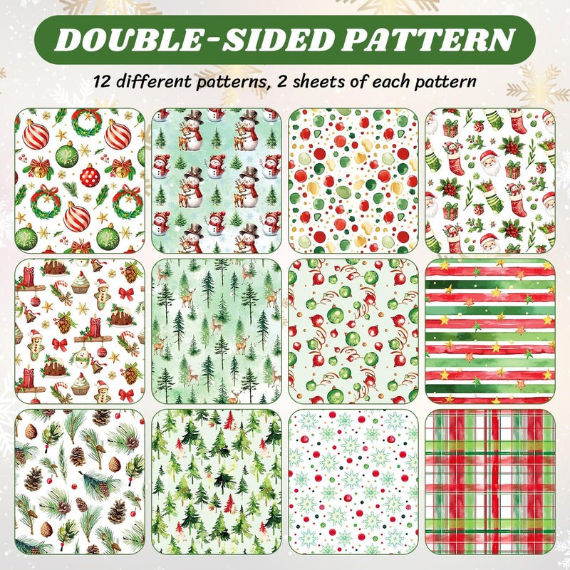 Feivando 24 Sheets Christmas Scrapbook Paper 12'' × 12'' Double-Sided Xmas Watercolor Pattern Paper Decorative Art Cardstock for Holiday DIY Crafts Card Making Scrapbook Supplies - Image 3